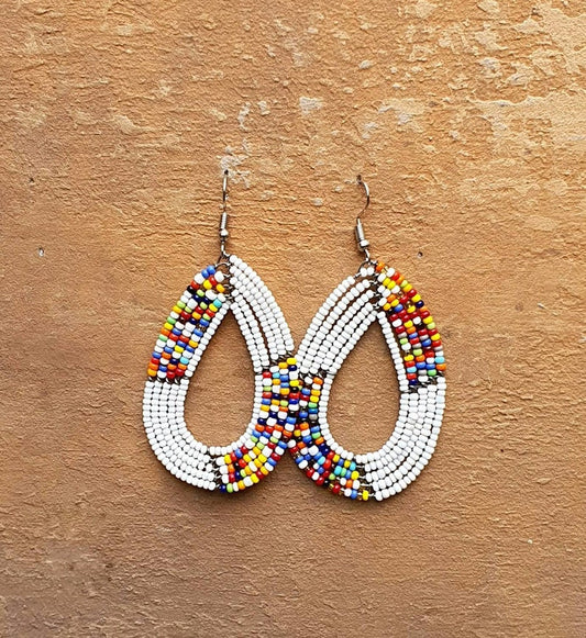 White handmade maasai beaded drop and dangle Earrings White Baobab